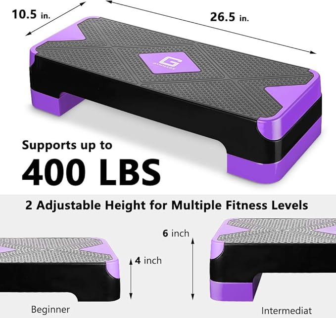 GYMMAGE Adjustable Workout Aerobic Stepper, Aerobic Exercise Step Platform with 2 Risers, Exercise Step Deck for Fitness, 26.5" Trainer Stepper with Non-Slip Surface Home Gym & Extra Risers Options