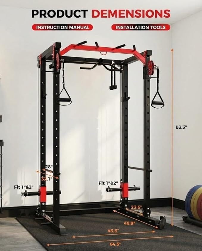 Power Cage with LAT Pulldown & Cable Crossover System, 2000LBS Multi-Functional Power Rack, All-in-1 Weight Cage Home Gym with Adjustable Pulley System, Squat Rack for Garage, Home