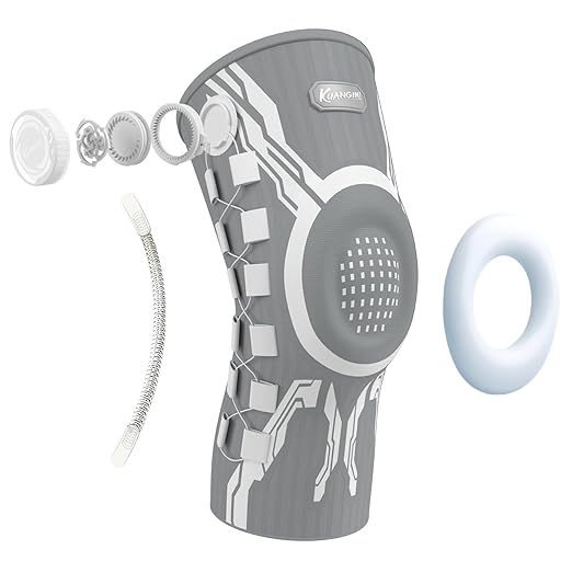 Kuangmi Knob Knee Brace for Pain Relief, Knee Support with Patella Gel Pad & Side Stabilizers, Compression Knee Sleeve for Workout, Arthritis, Joint Pain, Meniscus Tear (Gray White,Right,X-Large,Single)