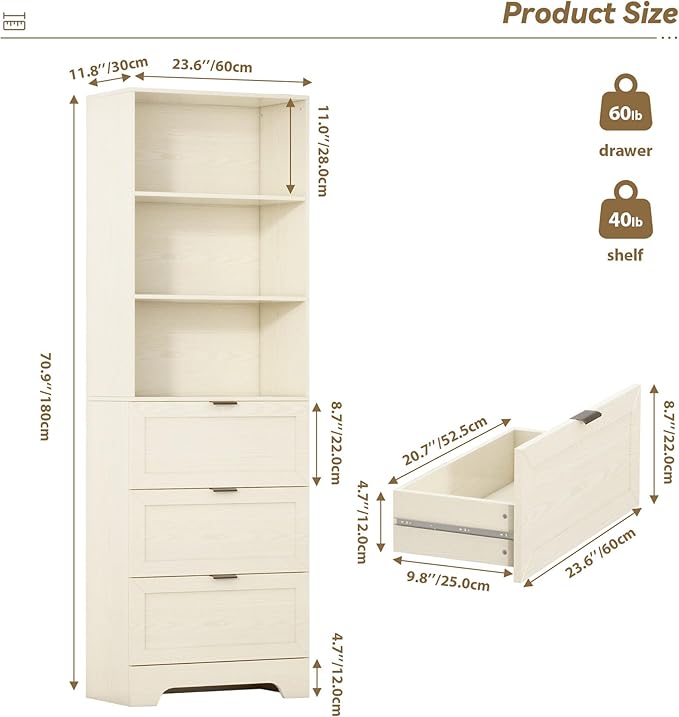 6 Tier Book Shelf with Drawers,White Farmhouse Display Bookshelf with Organizers and Storage,Free Standing Tall Bookshelf with Cabinet for Bedroom,Living Room, Office