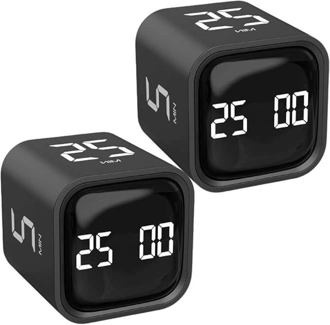 Rotating Pomodoro Timer 5, 25, 10 50 Minutes Preset, Desk Productivity Timer w/Gra vity Sensor, ADHD Tool Cube Countdown, Custom Modes, for Work, Study, Back to School, Kitchen, Black, 2 Pack