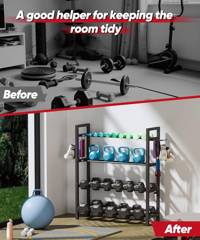 Adjustable Dumbbell Rack, Weight Storage Stand Holder for Dumbbells & Kettlebells, Heavy-Duty Metal Home Gym Workout Organizer with Hook for Gym Equipment Accessories (Rack Only)