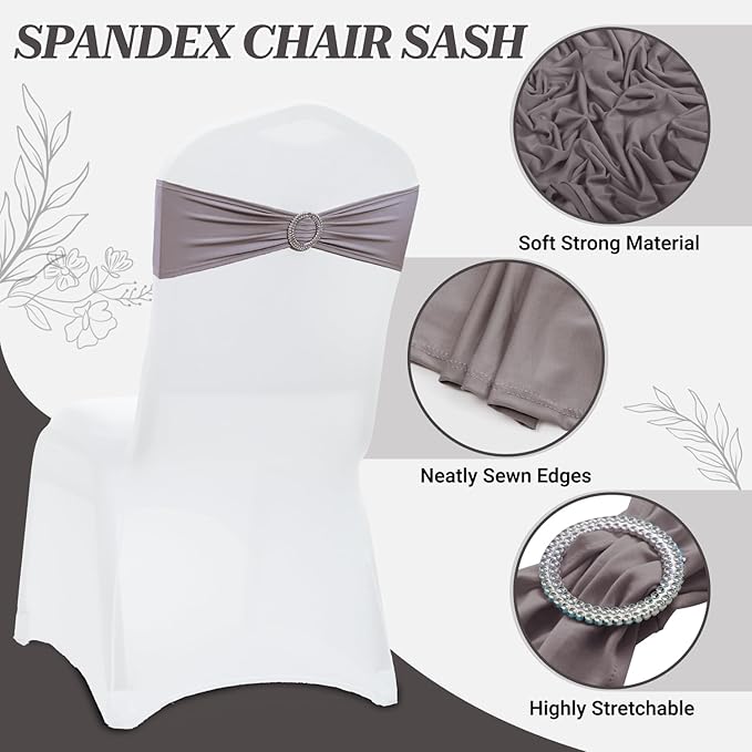 VDS - Silver Grey | Spandex Chair Sashes Bows | 250 PCS | Stretch Elastic Banquet Universal Folding Chair Band Tie with Silver Buckle Slider for Wedding Party Conference Celebration Event Decoration