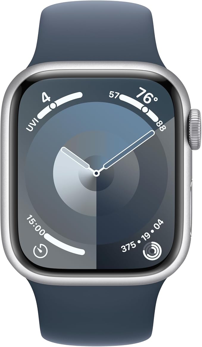 Apple Watch Series 9 [GPS 41mm] Smartwatch with Silver Aluminum Case with Storm Blue Sport Band S/M. Fitness Tracker, ECG Apps, Always-On Retina Display, Water Resistant