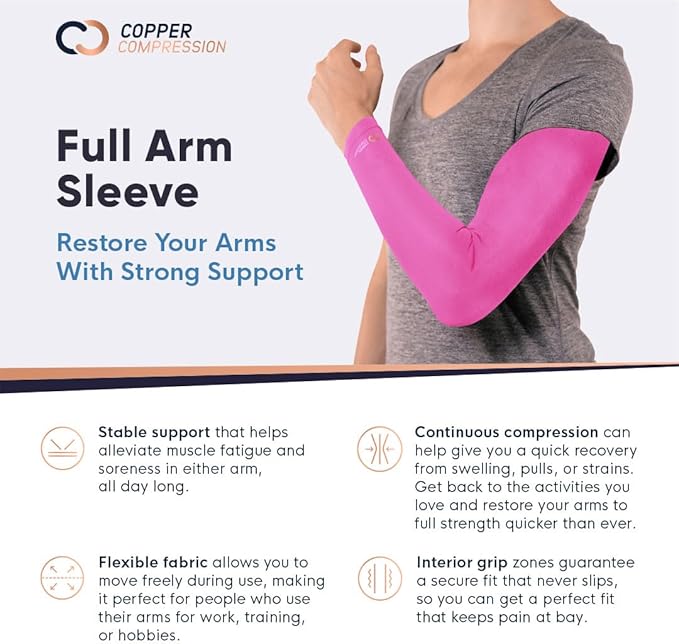 Copper Compression Arm Sleeve - Copper Infused Full Arm Brace for Forearm, Bicep, Triceps - Tennis Elbow, Basketball, Golf, Arthritis, Tendonitis, Bursitis, Post Surgery Rehab - Odor Resistant - Pink - XL