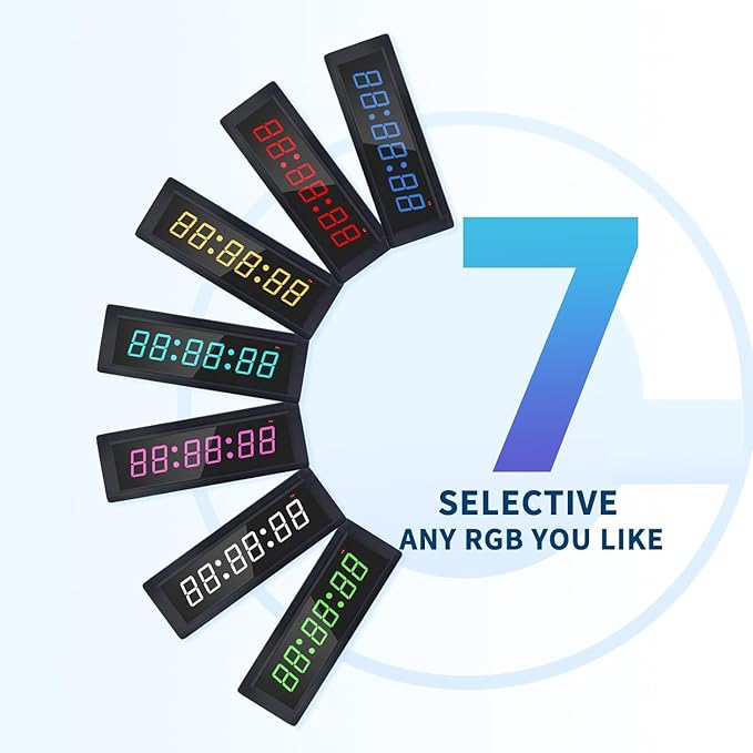 Gym Timer Clock with Remote Control & Push Button,7 RGB Color, Programmable Interval Timer, Countdown/Up Stopwatch,Wall Clock for Home Gym Garage,Portable Training Accessories(Plug-in+Stand)
