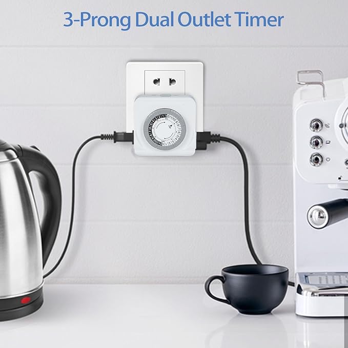 24-Hour Mechanical Timer for Electrical Outlets, Dual 3-Prong Outlets, 30-Minute Intervals, for Room Lights and Home appliances, 125V 15A, ETL Certified