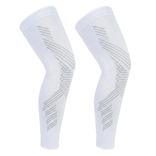 NuCamper Full Leg Compression Sleeves for Men and Women,2 Pack Legs Sleeves Long Knee Brace Support for Running, Basketball, Cycling, Workout, Sports - White,S