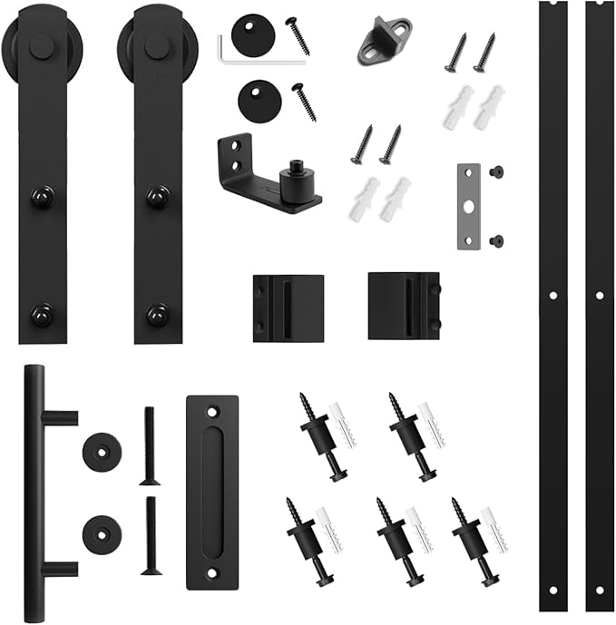SMARTSTANDARD 6 FT Heavy Duty Sturdy Sliding Barn Door Hardware Kit, Black, (Whole Set Includes 1x Pull Handle Set & 1x Floor Guide) Fit 34''-36" Wide Door Panel (I Shape Hanger)