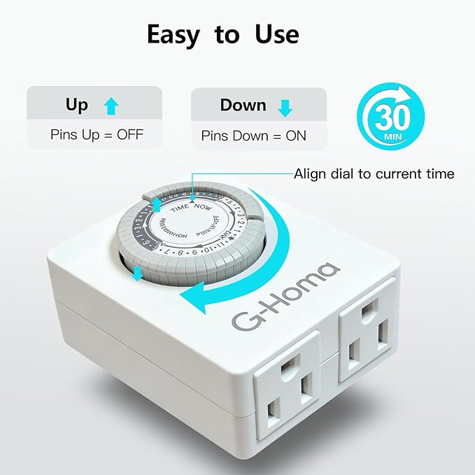 G-Homa 24-Hour Mechanical Timer Outlet 2 Pack, Dual Grounded 3-Prong Outlets, 30-Minute Intervals, Slim Space-Saving Design, Indoor Use for Lamps, Christmas Lights, Small Appliances & Holiday Decor