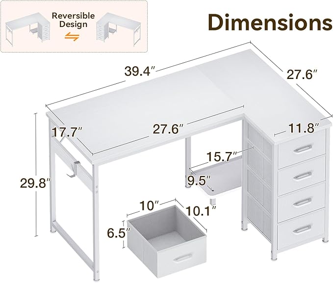 Casaottima L Shaped Desk with 4 Drawers, 40" Small White Computer Desk with Storage, Reversible Kids Study Desk with CPU Stand & Hook, Corner Desk for Home Office