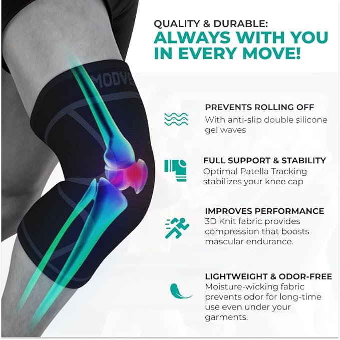 Modvel Knee Braces for Women & Men – 2 Pack Brace Set, Compression Sleeves for Meniscus Tear, ACL & Arthritis Pain Relief, Joint Support and Stability – Black M