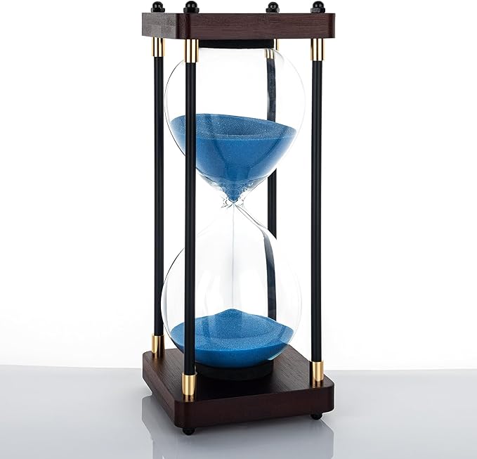 Large Sand Hourglass Timer, Vintage Wooden Sand Timer 60 Minutes, Glass Sand Clock Minutes with Wooden End Caps, Sand Timers for Games Classroom Home Office Kitchen Use (Blue Sand)