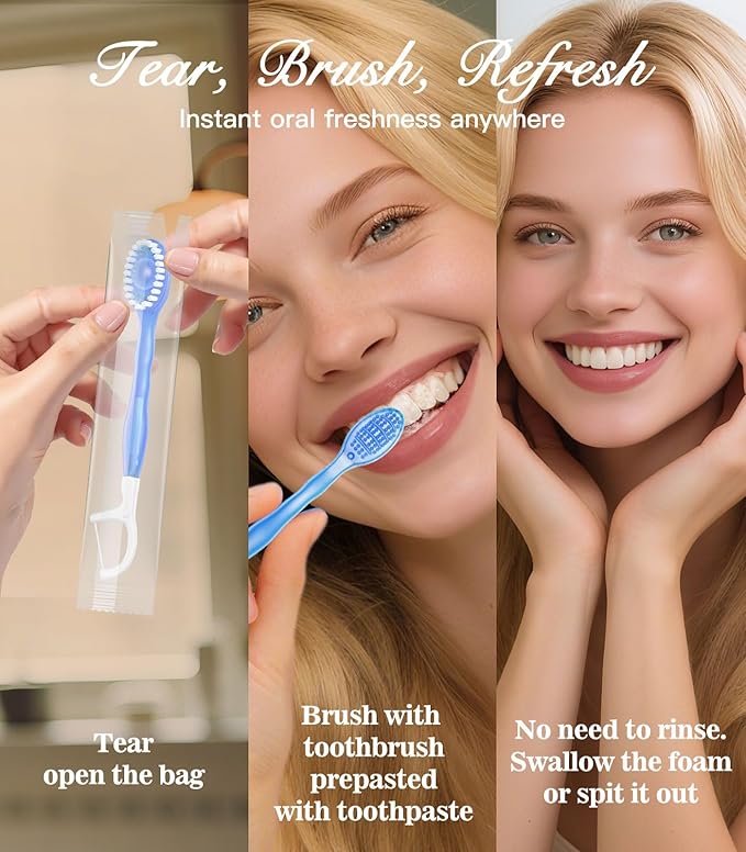48 Pack 5 in 1 Disposable Mini Toothbrushes with Toothpaste, Floss, Pick & Tongue Scraper, Individually Wrapped, Portable Toothbrush Travel Set for Kids Adults, Mint Flavor
