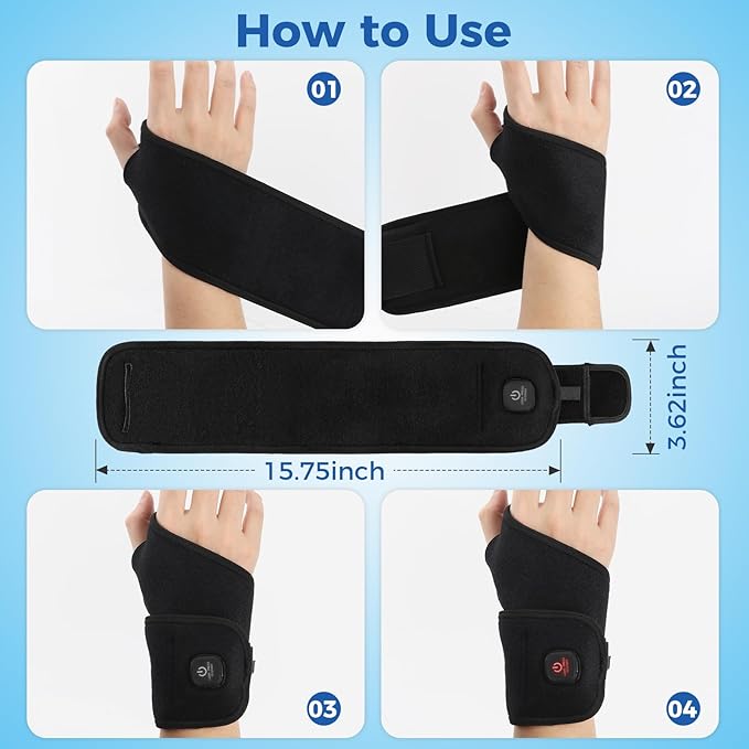 Wrist Heating Pad, Heated Wrist Wrap for Pain Relief, Heated Wrist Brace with 30 Mins Auto-Off, 3000mAh Battery, 3 Heating Modes(Black)