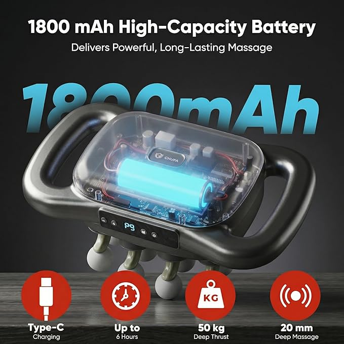 Deep Tissue Massage Gun – 16 Heads, 9 Speeds & 3 Modes, Quiet Brushless Motor, 1800mAh Type-C Rechargeable Handheld Percussion Massager for Athletes, Back/Neck/Shoulder/Leg Muscle Relief, Carry Case