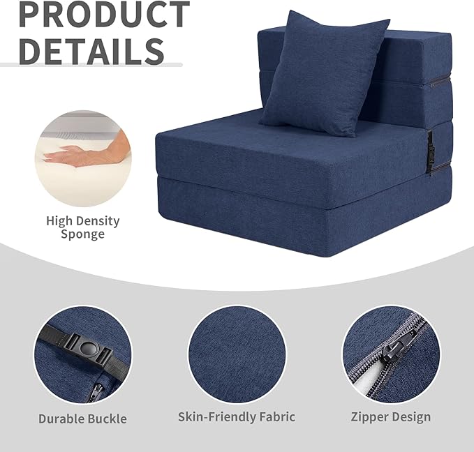 Folding Sofa Bed, High-Density Memory Foam Sofa with a Fluffy Pillow, Floor Couch Guest Bed, Single Size, Navy