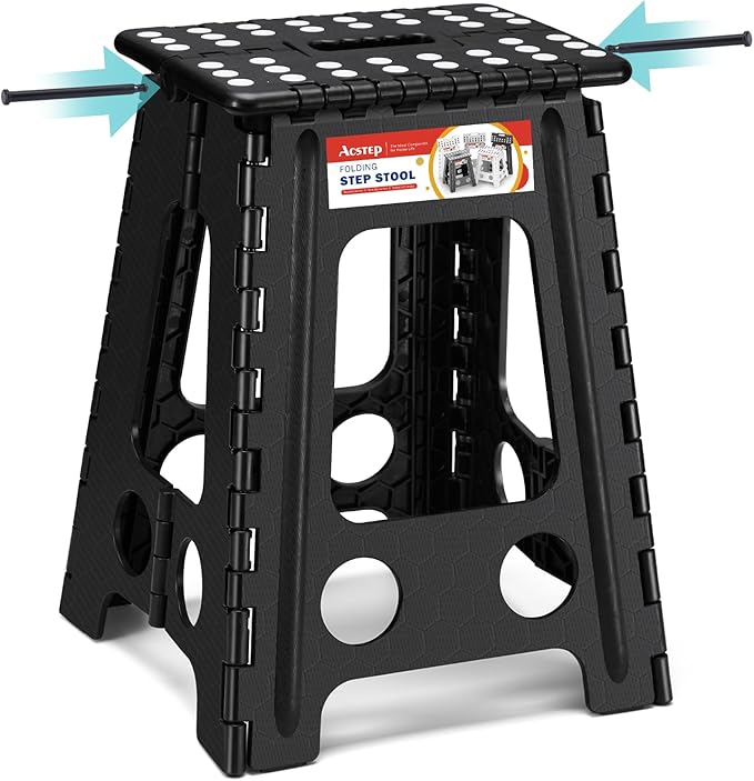 ACSTEP Folding Step Stool 17.5 Inch Heavy Duty Step Stool Foldable for Adults and Kids, Collapsible Stepping Stool with Handle, Non Slip Folding Stools for Kitchen Hold Up to 400lbs (Black 1PC)