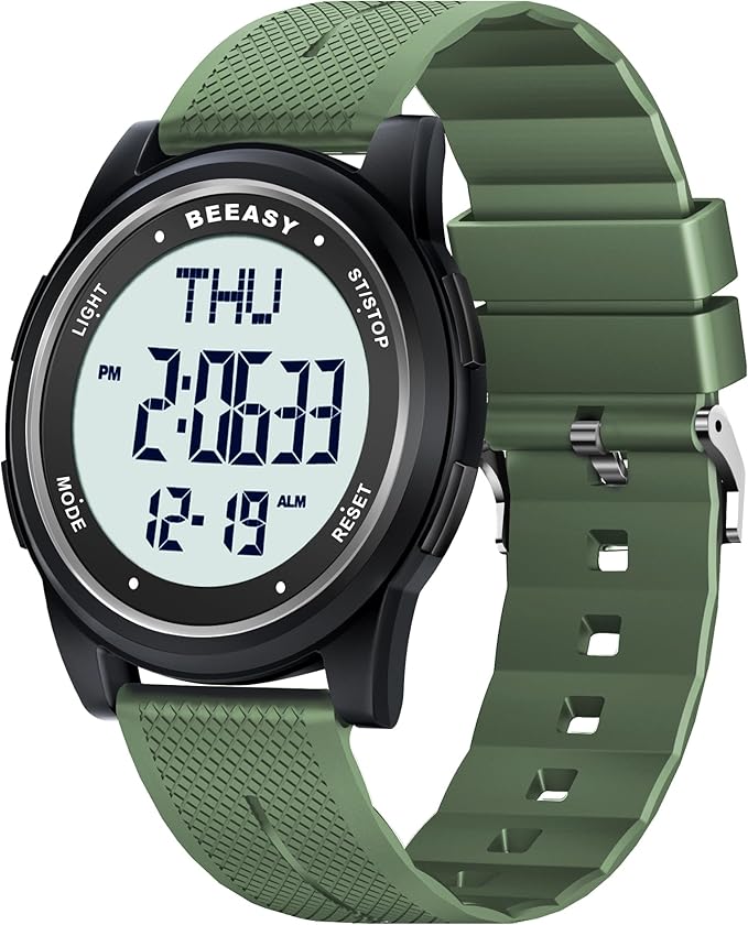 Beeasy Digital Watch for Men Women, 50M Waterproof, Ultra-Thin & Lightweight, 44mm Silicone Sports Watch with Alarm, Stopwatch, Countdown, Ideal for Gym, Running, School, Daily Wear