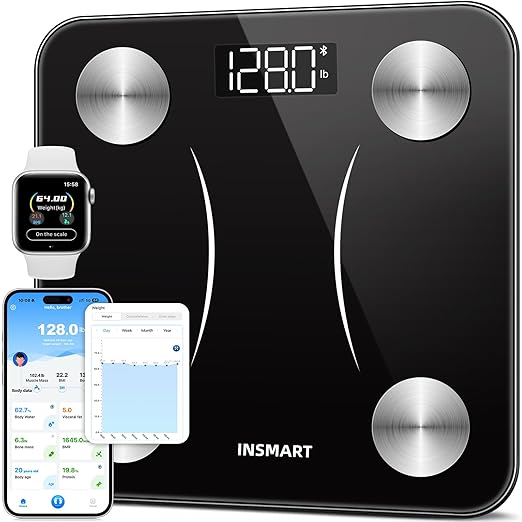 INSMART Body Fat Scale, Smart Scale for Body Weight 0.1lb High Accuracy, Digital Bathroom Weight Scale for BMI, Body Fat, Muscle 17 Body Composition Analyzer Sync with App, LED Display, 400lb, Black