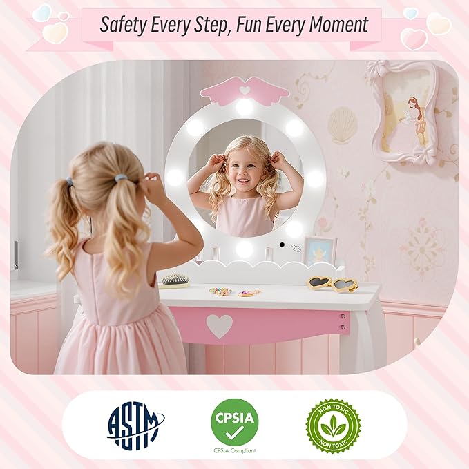 TOLEAD Girls Vanity with Lights, Mirror and Stool, Kids Make Up Vanity Set with Storage Space, Wing Pattern for Little Girls, Toddler Princess Makeup Dressing Table with Chair Set, White