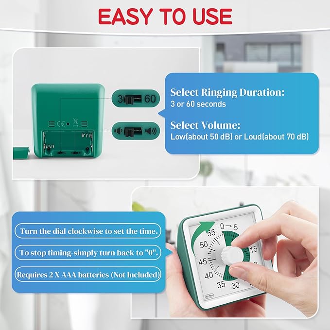 Secura 60-Minute Visual Timer, Classroom Timer, Countdown Timer for Kids and Adults, Time Management Tool for Teaching (Dark Green & Dark Green)