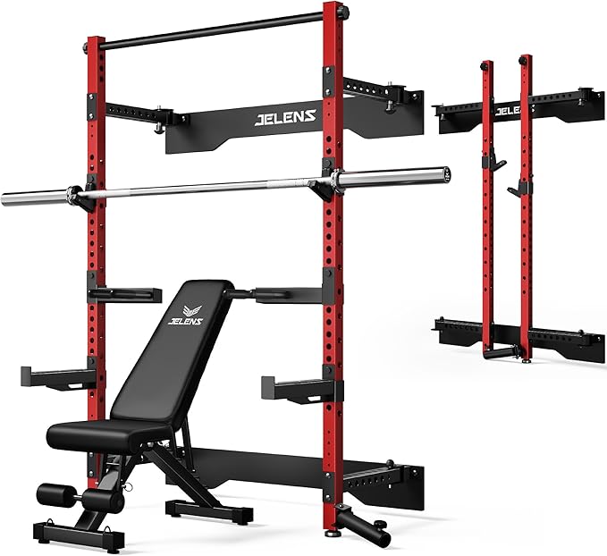 JELENS SF01 Folding Squat Rack, Wall Mounted Power Rack for Home Gym, Space Saving Multi-Functional Power Cage with More Attachments
