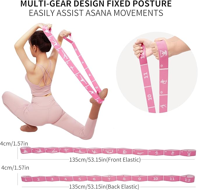 Yoga Blocks 2 Pack with Elastic Stretch Band & Bag – High Density Foam Yoga Blocks for Stability, Deep Stretching & Balance, 12-Loop Resistance Strap for Yoga, Pilates, Dance & Flexibility Training