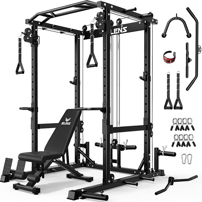 JELENS C12 Squat Rack for Home Gym, 2000LBS Power Rack with Adjustable Pulley System, Power Cage Workout Equipment with LAT Pulldown and Training Attachment