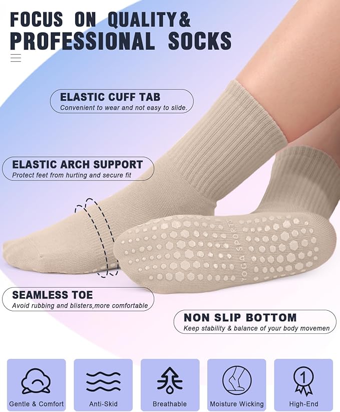 yeuG Pilates Socks for Women Non Slip Grip Socks for Yoga, Barre, Hospital, Barefoot Grippy Yoga Sock Womens Gifts 4 Pairs