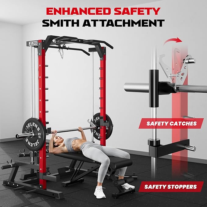 JELENS SR01 Smith Machine, 2000LBS Multi-Function Power Cage with LAT Pulldown System, All-in-One Home Gym Squat Rack with Smith Bar and Training Attachments for Full Body Workouts