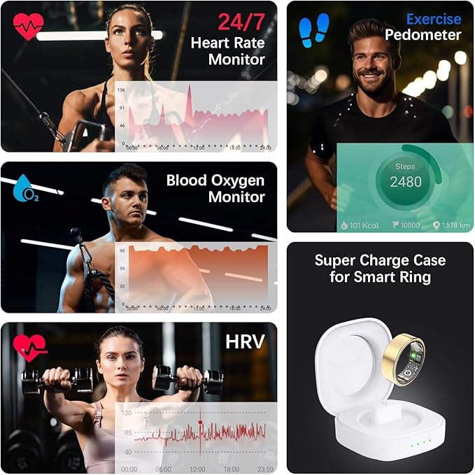 SEEVEN Smart Ring for Women Men, Fit Ring with Heart Rate, Blood Oxygen, HRV, Sleep Monitor, Stress, Step Counter, IP68 Waterproof Fitness Rings for iPhone & Android, No Subscription Fee (Gold, 11#)