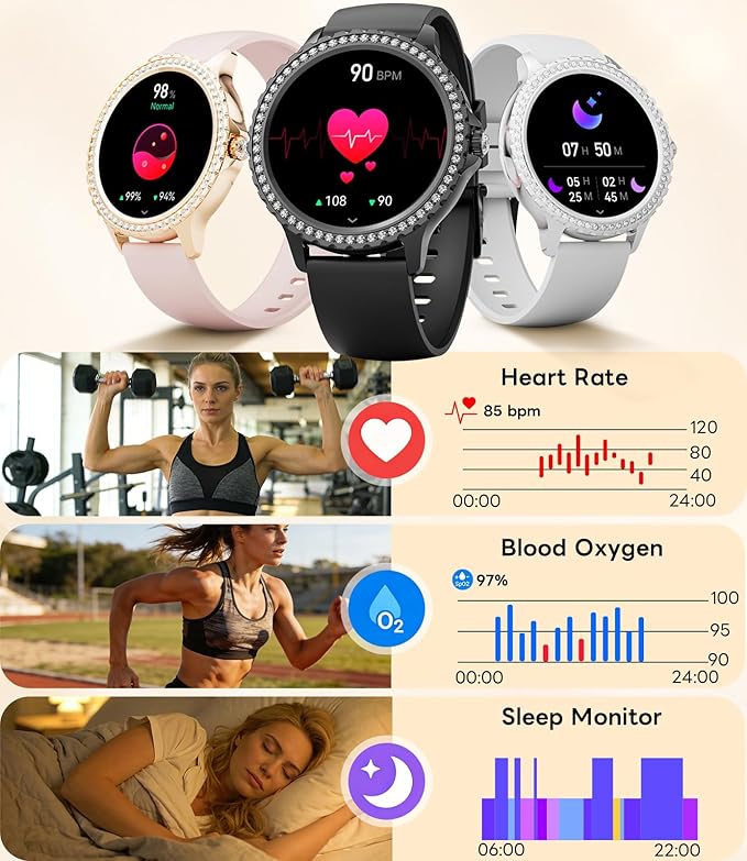 Smart Watch for Women Diamond, Bluetooth Calls, 1.32-inch HD Screen Round Fitness Tracker with Menstrual Cycle/Sleep/Heart Rate Monitor, 100+ Sports Mode, Android/iOS Phone, Rose Pink