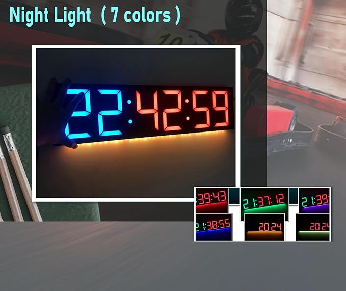 26'' Huge Home Gym Interval Workout Timers, Digital Wall Clock, with Countdown, Stopwatch, 7-Color Light, 8-Alarms, Calendar/Temperature Display, for HIIT/Tabata/FGB/EMOM (Blue & Red)