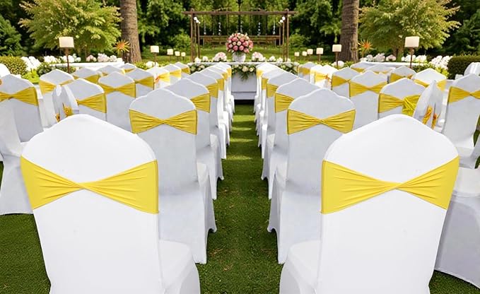 VDS Pack of 100 PCS | Yellow | Spandex Chair Sashes Bows Without Buckle | Stretch Elastic Banquet Universal Folding Chair Band Tie with for Wedding Party Conference Celebration Event Decoration