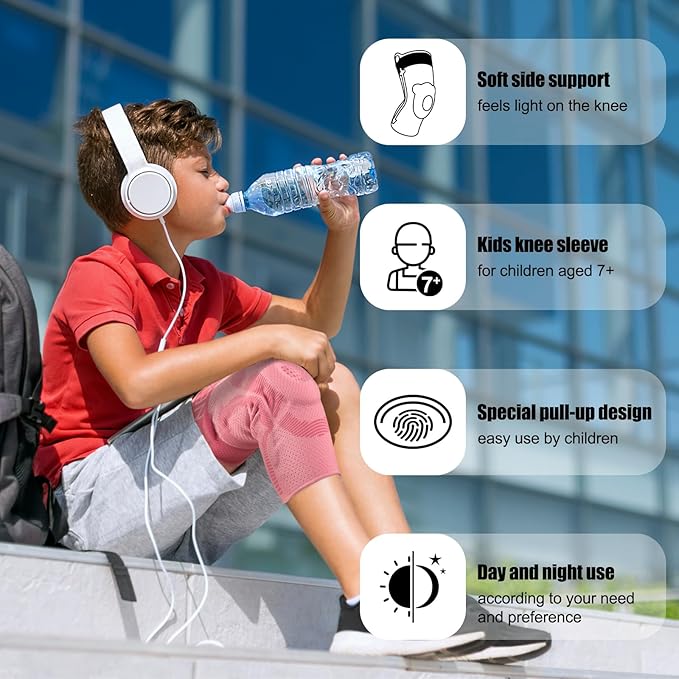 NEENCA Kids Knee Brace Sleeve, Youth Knee Compression Sleeve for Children - Boys & Girls. Child Knee Support with Patella Gel Pad & Side Stabilizers for Knee Pain, Sports, Outdoor -Pink