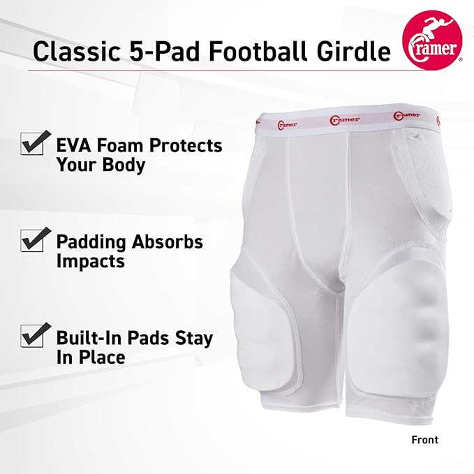 Cramer Classic 5-Pad Football Girdle, Youth Football Girdle with Hip