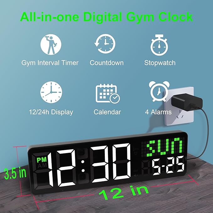 LUCORB 12'' Gym Clock, Interval Workout Digital Wall Clock with Seconds Date for Home Gym, 5 Display Modes | Remote Countdown Timer, Stopwatch | 4 Alarms fit Classroom Living Room Office