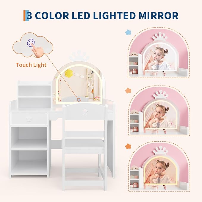 IDEALHOUSE Kids Vanity Table and Chair Set with Mirror and Lights, White Makeup Vanity Desk with Drawer and Open Storage Shelves, Wooden Dressing Table for Little Girls Bedroom