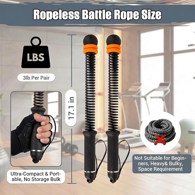 Portable Cordless Battle Ropes (Adjustable Weights) – Ropeless Weighted Exercise Equipment for Home Gym with Storage Bag | Low-Impact Workout, Strength & HIIT Training for Men & Women