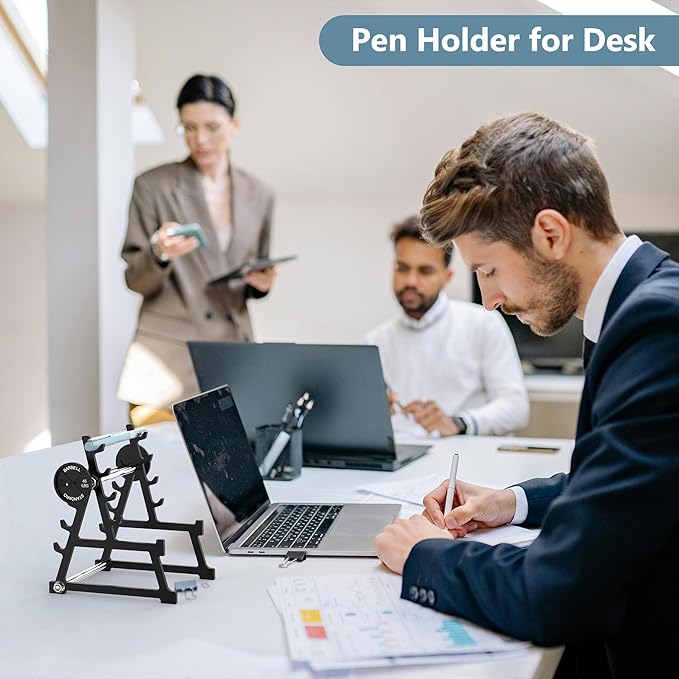 Metal Squat Rack Pen Holder with 8 Slots Mini Metal Barbell & Plastic Weight Blocks Holder Mini Barbell Desk Toy Funny Office Decor for Men Women Cool Pen Holder Gifts for Men (Black)