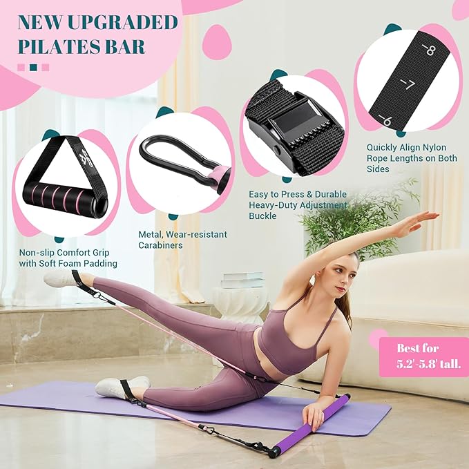 COFOF Pilates Bar Kit with Resistance Bands, Multifunctional Yoga Pilates Bar with Heavy-Duty Metal Adjustment Buckle, Portable Home Gym Pilates Resistance Bar Kit for Women Full Body Workouts