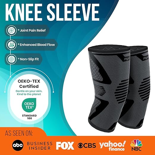 PhysFlex Knee Brace for Pain Relief - Knee Compression Sleeves for Men and Women - Support for Weightlifting, Gym, Workout, Volleyball, Arthritis (2XL, Black)