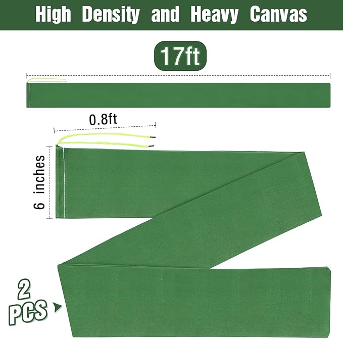 Threan 2 Pcs Long Canvas Sandbags for Flooding Sand Tube Bags Flood Protection Thickened Reusable Rain Wind Flood Barrier with Elastic Band Water Barrier Tube for Door Rain Control, Green (17ft)