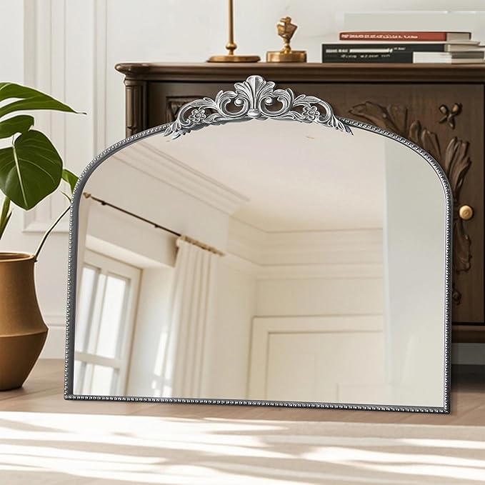 Micasso Antique Silver Wall Mirror, 40"x30" Metral Framed Arch Baroque Ornate Mantel Mirror for Bathroom, Entryway, Living Room