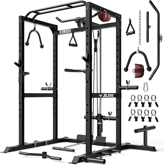 JELENS S21 Power Cage, Multi-Function Power Rack with Adjustable Cable Crossover System, 2000LBS Squat Rack for Home Gym with More Training Attachments