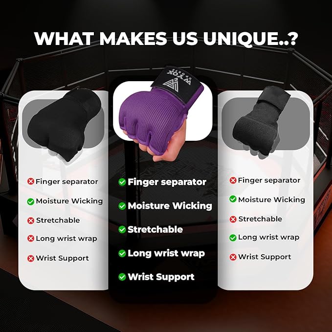 WYOX Gel Boxing Hand Wraps Inner Gloves for Men & Women – 80cm Quick Wrist Strap, Padded Knuckle Support, Fingerless MMA Muay Thai Kickboxing Wraps for Training, Punching & Martial Arts