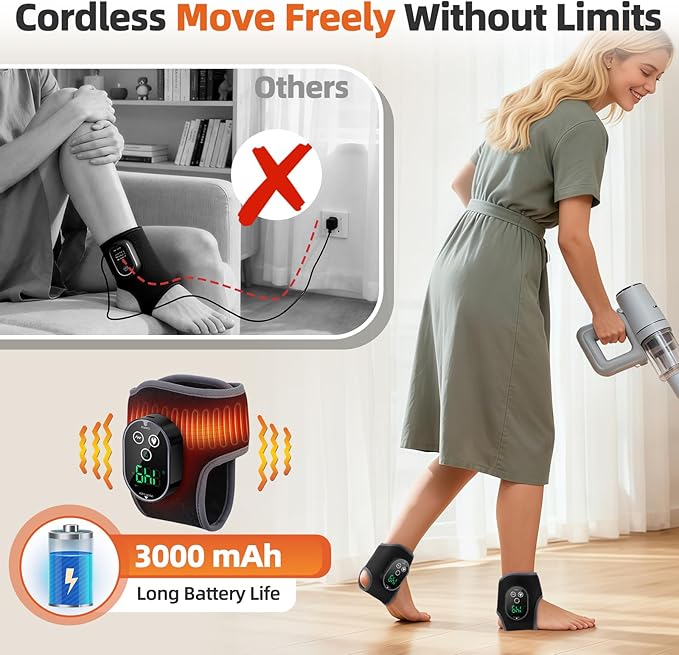 Cordless Ankle Heating Pad, Foot and Ankle Massager for Pain Relief, Rechargeable Heated Ankle Wrap with 4 Heats, 2 Vibrations, 3 Timers (Black)