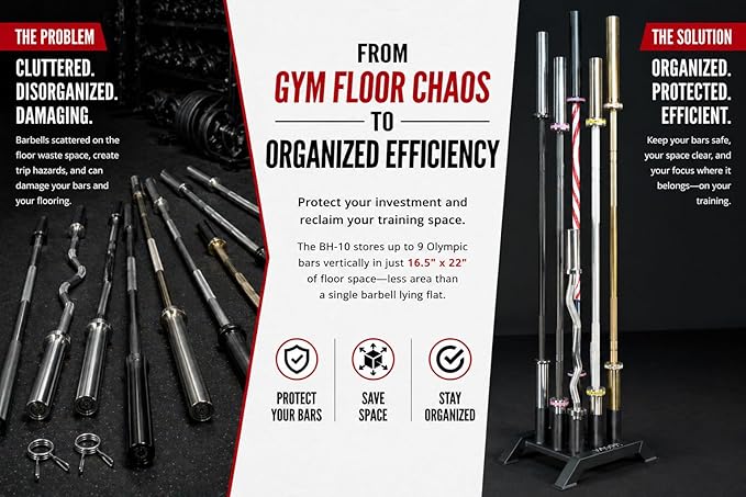Valor Fitness Olympic Barbell Holder – Vertical 9 - Bar Storage Rack with Protective Sleeve Inserts – Space-Saving Steel Stand for Home Gym & Commercial Gyms