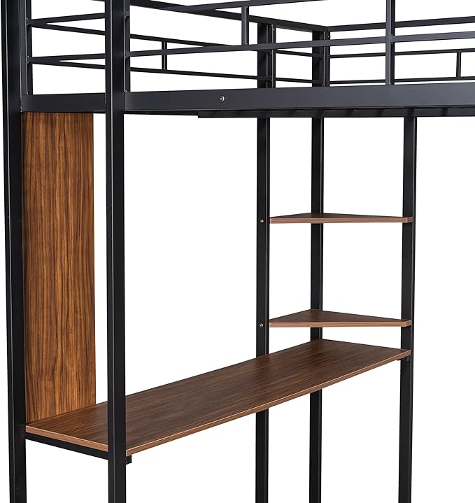 Full Size Metal Loft Bed with 2 Storage Shelves and 1 Desk,Steel Structure Bed Frame W/ 2 Build-in Ladders & Full-Length Guardrails,No Box Spring Needed,for Kids Teens Adults,Black